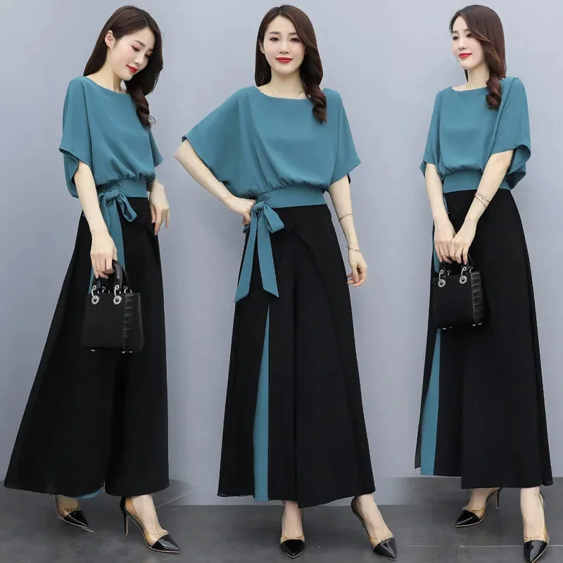 Women Elegant Bow Knot Half Sleeve Solid Color Chiffon Blouse And Wide Leg Pants Office Chic Set Boho Chic Blouse