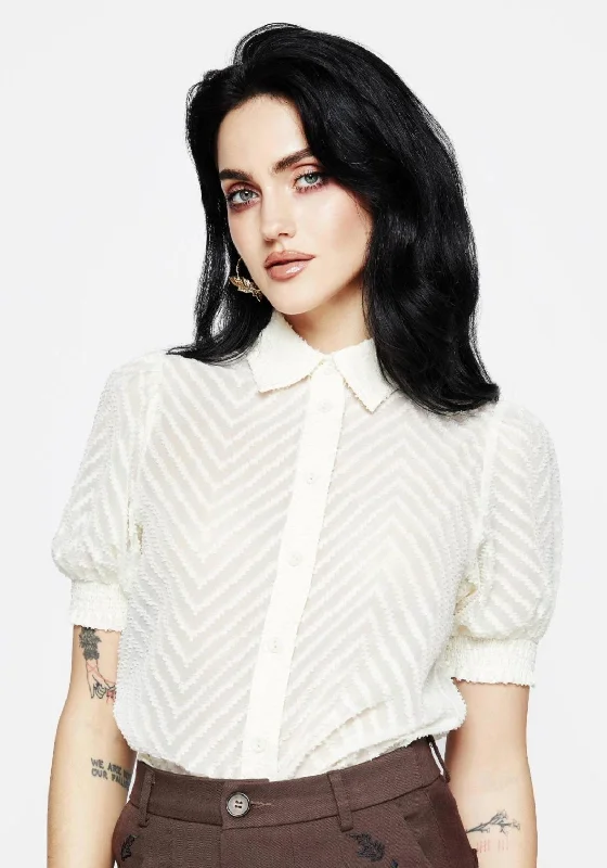 Chevron Button Up Blouse Top - White Floral Print Blouse