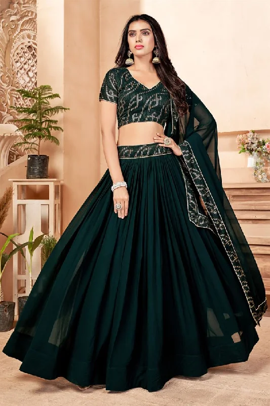 Sequins Work On Dark Green Designer Lehenga Choli In Georgette Fabric With Beautiful Blouse Semi-Sheer Blouse