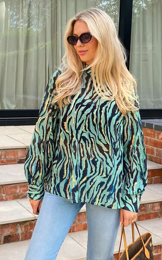 Zebra High Neck Chiffon Blouse In Turquoise With Gold Casual Stripe Blouse