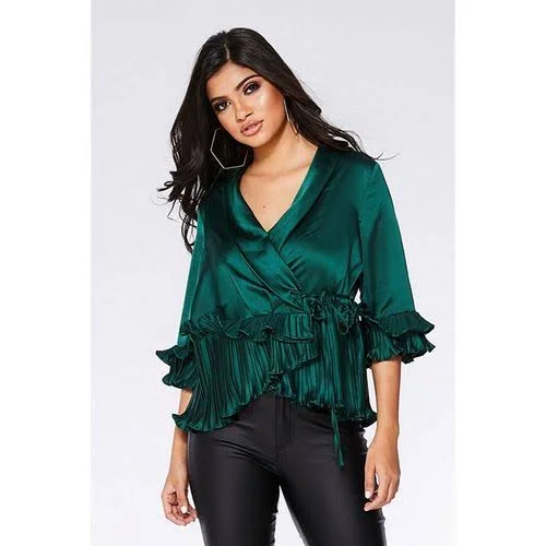 Satin Frill Peplum Blouse Green Feminine Tie Blouse