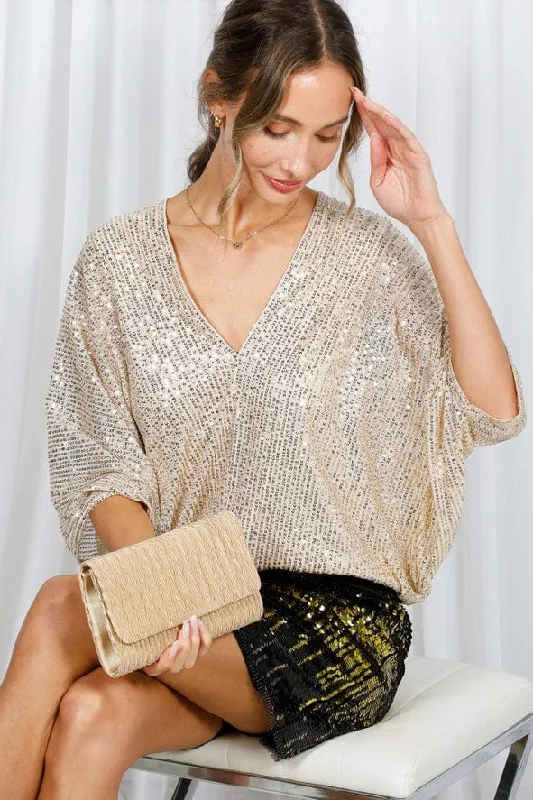 Vine & Love Allover Sequin V-Neck Dolman Sleeve Blouse in Gold Lightweight Chiffon Blouse Vine & Love Allover Sequin V-Neck Dolman Sleeve Blouse in Gold Lightweight Chiffon Blouse