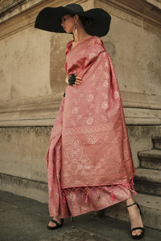 Art Silk Fabric Weaving Work Glamorous Peach Color Saree With Same Color Blouse Lightweight Tunic Blouse