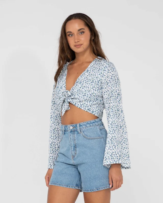 Rusty Balnear Floral Printed Tie Front Cropped Shirt-- Mesh Fabric Canvas Fabric Denim Fabric