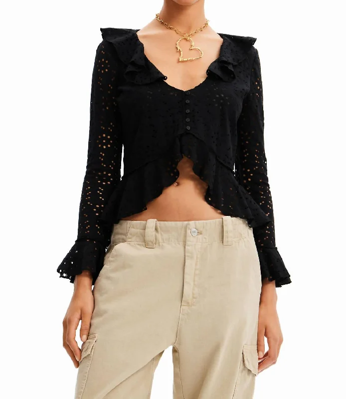 Long-Sleeve Ruffle Blouse In Black Soft Modal Blouse
