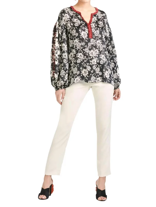 Chelsea Blouse In Black & Ivory Small Peony Elegant Semi-Sheer Blouse