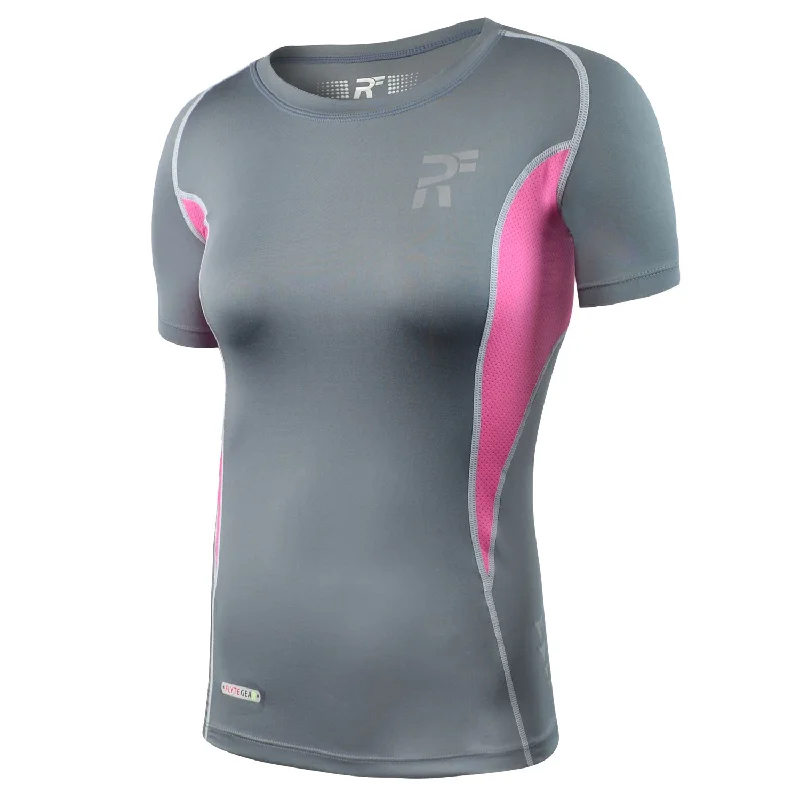 RunFlyte Women's Swarna Flow Short Sleeve T-Shirt Charcoal/Pink-- Cozy Warm Stylish