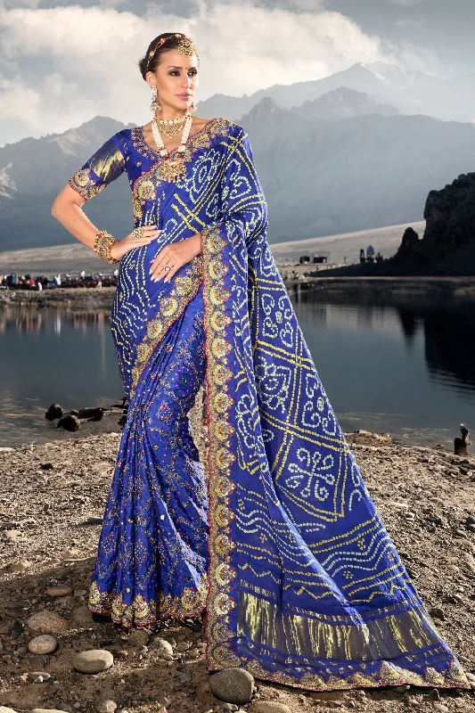 Imperial Blue Color Satin Pure Gajji Bandhani Saree With Heavy Embroidered Silk Blouse Smart Business Blouse