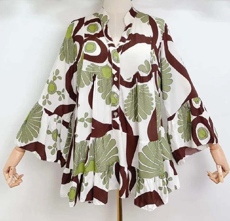 Loowie Italian Abstract Blouse in Olive Short Sleeve Blouse