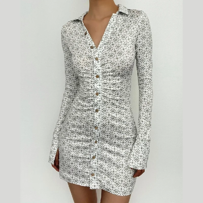 BerryBetty - Turnover collar print button long sleeve mini dress Trendy Button-Detail Mini Dress