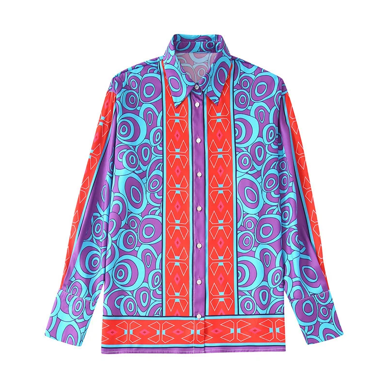 Women Fashion High Street Style Graphic Print Long Sleeve Blouse And Wide Leg Pants Set Mandarin Collar Blouse
