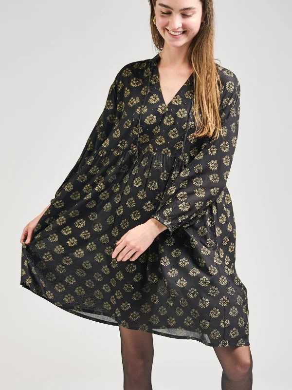 Sohla Mini Dress - Floral Stamp Black Elegant Mini Dress with Ruffles