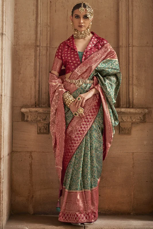 Weaving Work Green Color Fabulous Art Silk Fabric Party Wear Stylish Saree With Contrast Blouse Sleeveless Chiffon Blouse