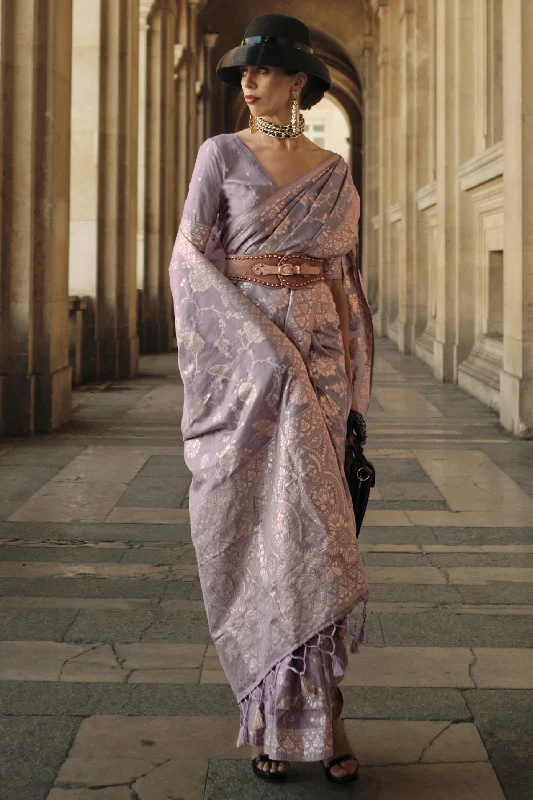 Art Silk Fabric Weaving Work Rich Lavender Color Festive Wear Saree With Same Color Blouse Side Tie Blouse