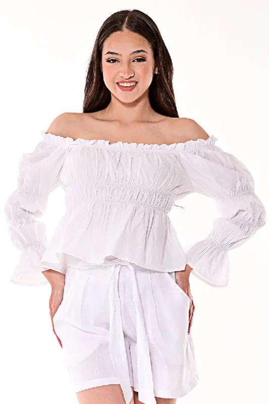 AZUCAR LADIES OFF SHOULDER PUFFY SLEEVES WHITE BLOUSE - LCB1729 Casual Relaxed Fit Blouse AZUCAR LADIES OFF SHOULDER PUFFY SLEEVES WHITE BLOUSE - LCB1729 Casual Relaxed Fit Blouse