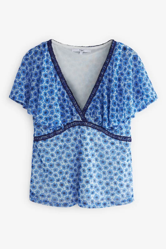 Blue Flutter Sleeve Mesh Blouse Top Boho Printed Blouse