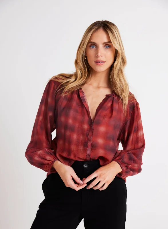 BLURRED PLAID SHIRRED NECK BLOUSE Soft Satin Blouse