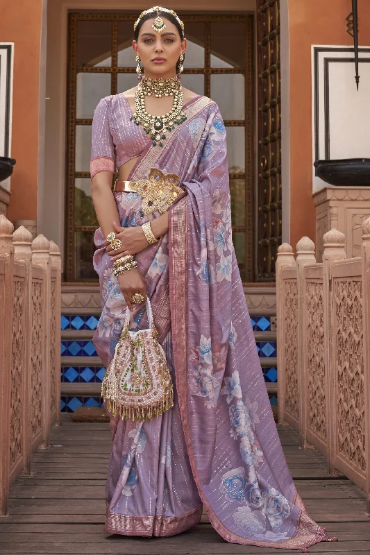 Glorious Look Printed Art Silk Fabric Lavender Color Saree With Same Color Blouse Sweetheart Neck Blouse