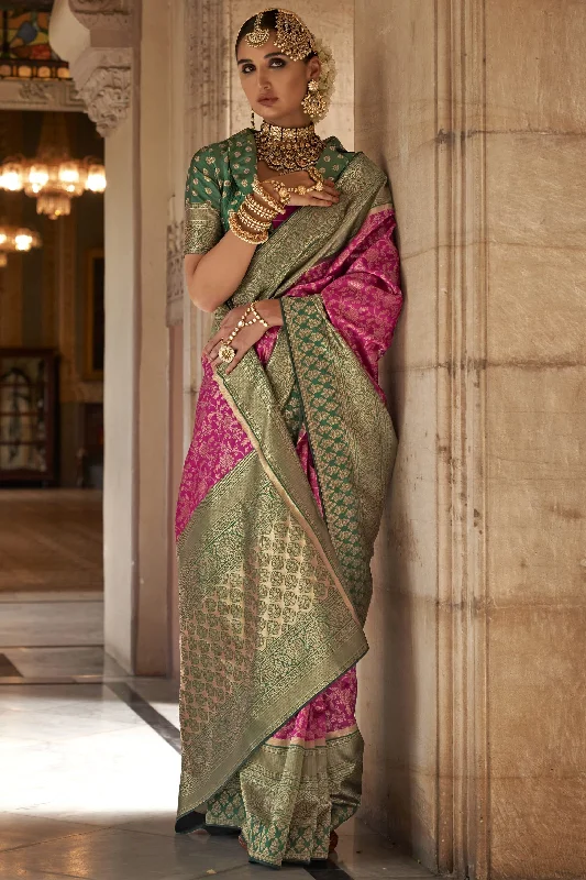 Art Silk Fabric Weaving Work Glamorous Rani Color Wedding Wear Traditional Look Saree With Contrast Blouse Silky Tunic Blouse