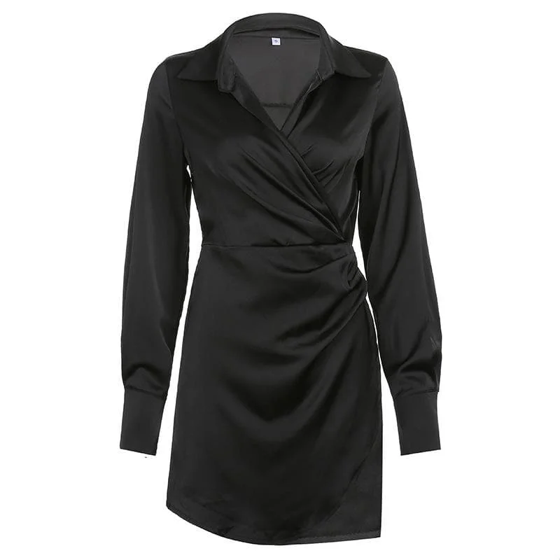 BerryBetty - Satin zip-up solid long sleeve turnover collar ruched mini dress Stylish Sweetheart Neck Mini Dress BerryBetty - Satin zip-up solid long sleeve turnover collar ruched mini dress Stylish Sweetheart Neck Mini Dress