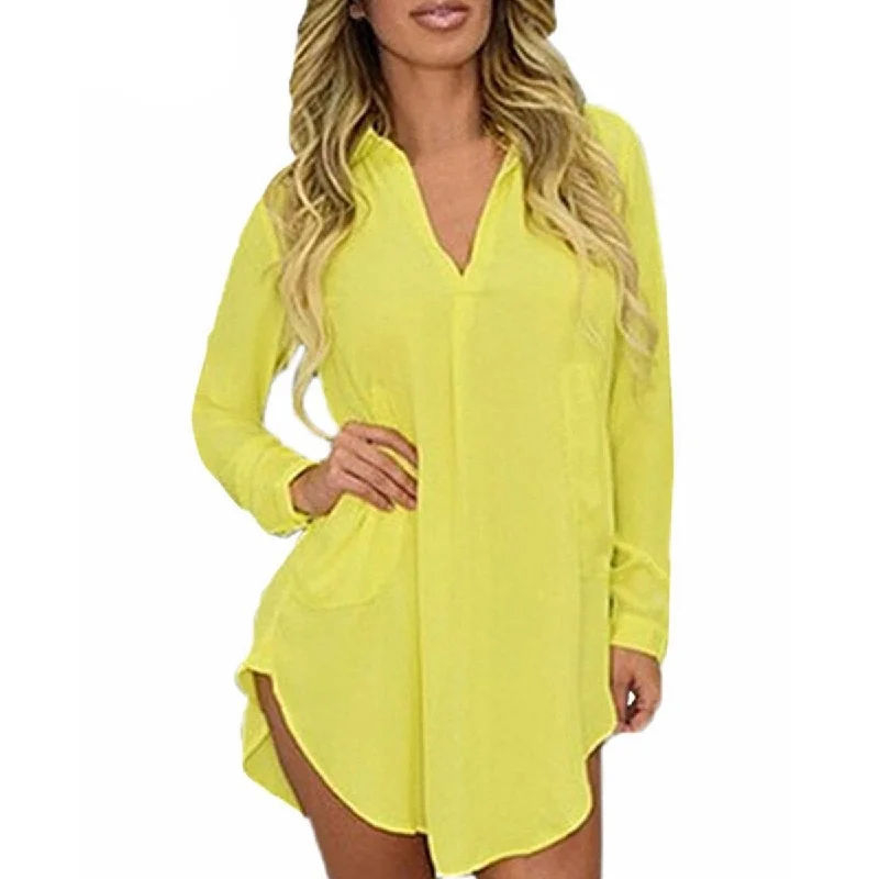 Women Casual Loose Long Chiffon Shirts Spring Long Sleeve Lapel Blouses Tops Plus Size Mini Dress Vestidos Modern Work Blouse