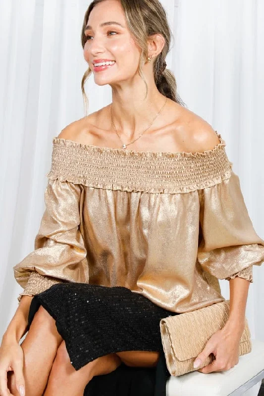 Vine & Love Smocked Off-the-Shoulder Metallic Blouse in Gold Feminine Tie Blouse