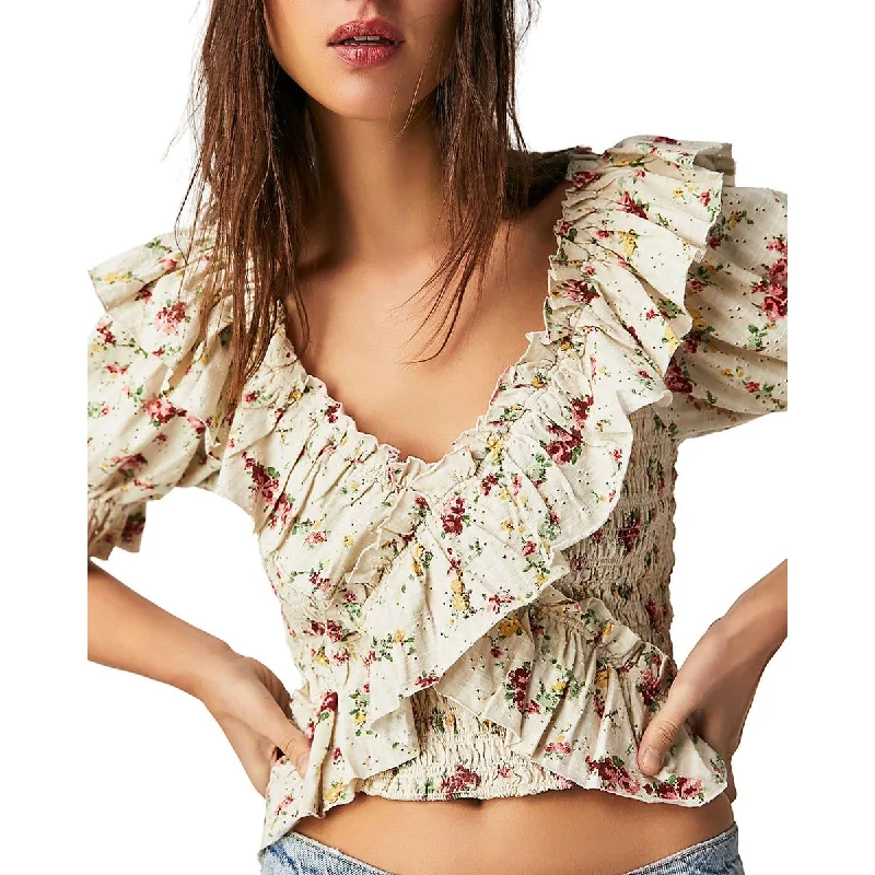 Womens Floral Print Ruched Blouse Stylish Wrap Blouse