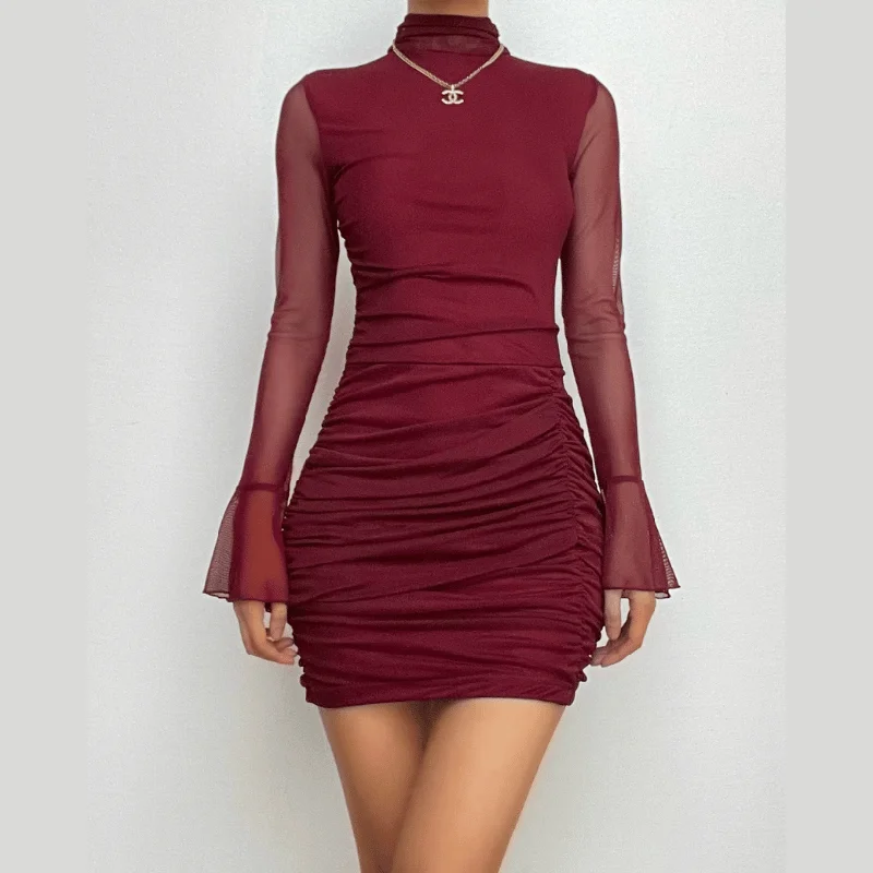 BerryBetty - Mesh solid long sleeve turtle neck ruched zip-up mini dress Comfortable Zip-Up Mini Dress BerryBetty - Mesh solid long sleeve turtle neck ruched zip-up mini dress Comfortable Zip-Up Mini Dress