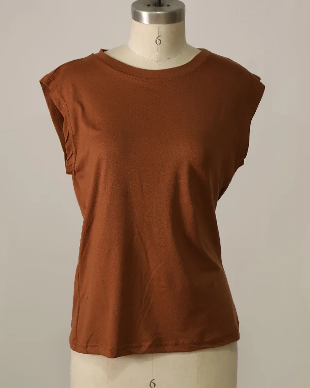 Round Neck Sleeveless T-Shirt - Rust-- Lace Blend Ribbed Blend Corduroy Blend