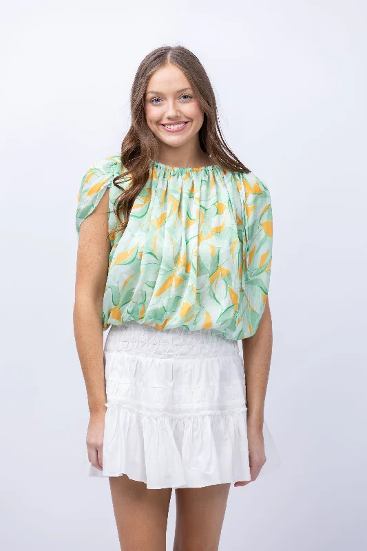 Ramy Brook Katie Blouse in Mineral Green Combo Leaf Delicate Pleat Blouse