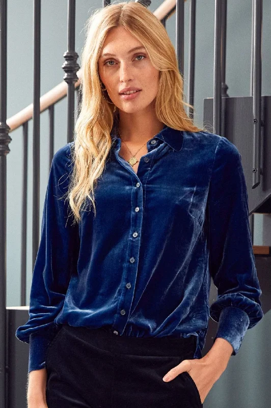 Ffion Velvet Shirt | Blue Sapphire-- Collared Crew Neck Turtle Neck