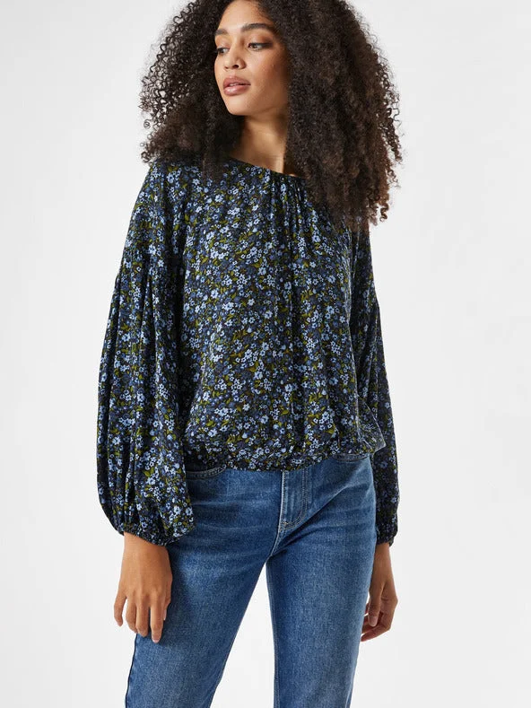 Navy Floral Blouse Silky Tunic Blouse