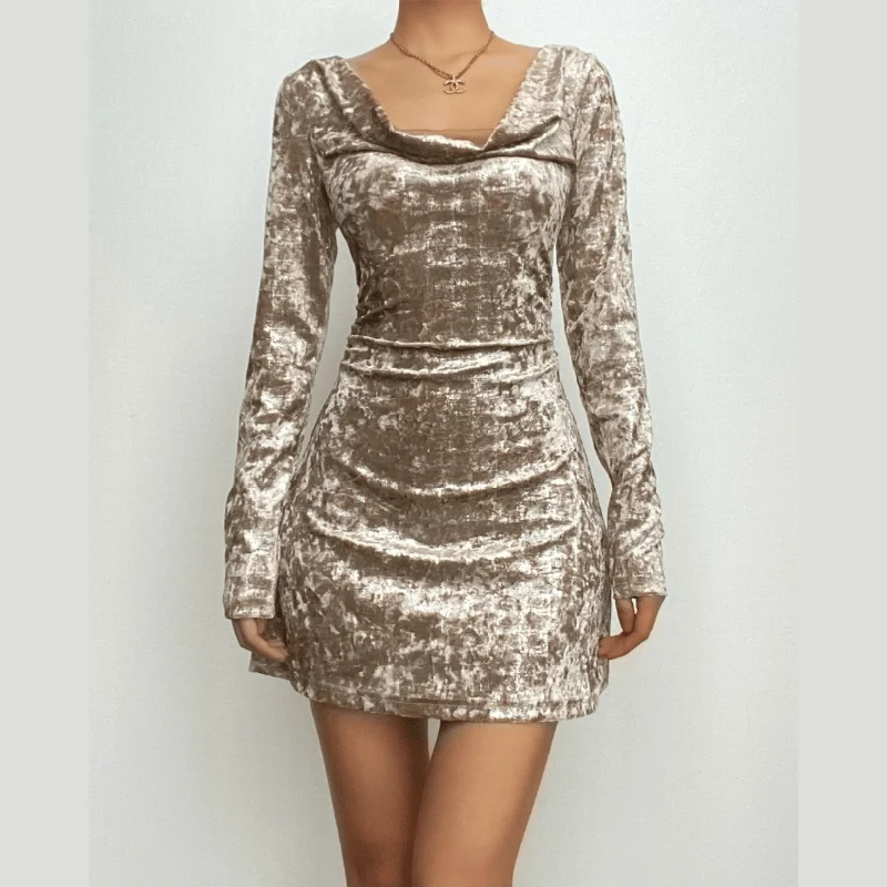 BerryBetty - Solid velvet cowl neck hollow out long sleeve mini dress Trendy Wraparound Mini Dress BerryBetty - Solid velvet cowl neck hollow out long sleeve mini dress Trendy Wraparound Mini Dress