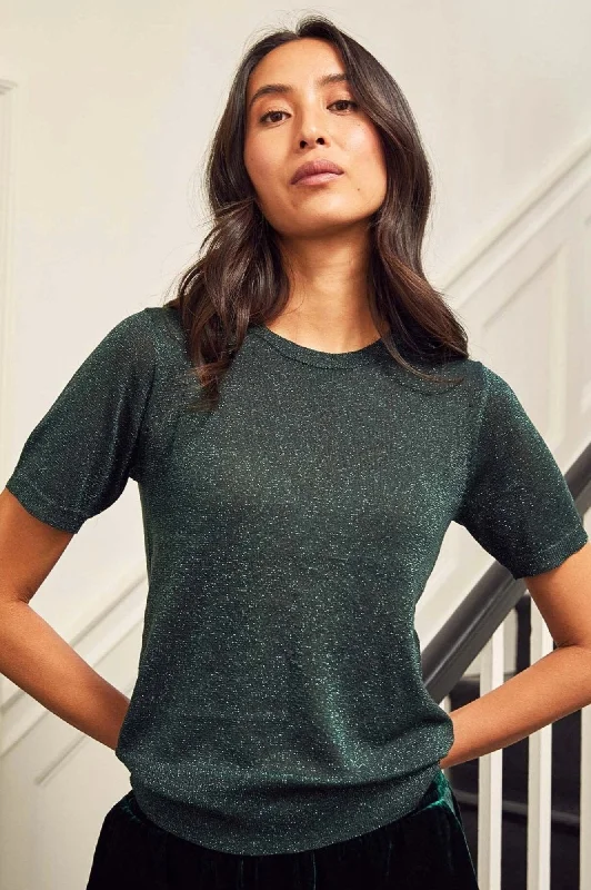 Metallic Knit T-Shirt | Emerald/Green-- Real Fur Shearling Chenille