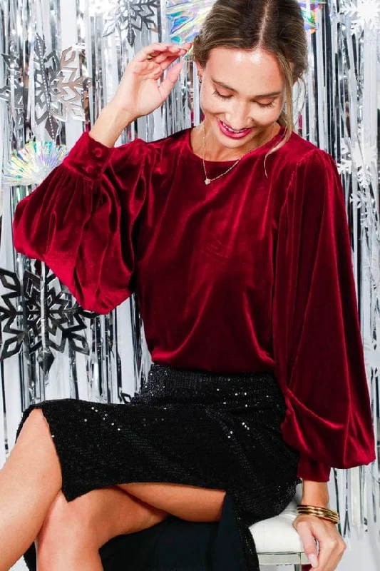 Vine & Love Long Balloon Sleeve Round Neck Velvet Blouse Top in Burgundy Floral Print Blouse Vine & Love Long Balloon Sleeve Round Neck Velvet Blouse Top in Burgundy Floral Print Blouse