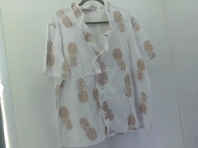 Azuki Beige Pineapple Print Women's Blouse Size 4 Ruffled Neck Blouse