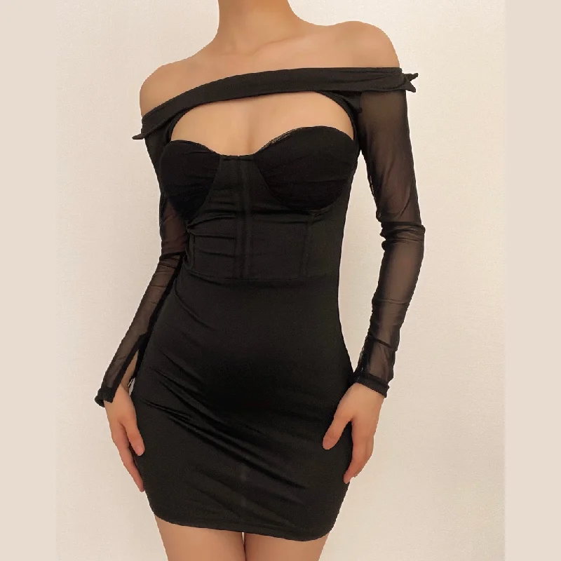 BerryBetty - Off shoulder mesh solid hollow out long sleeve mini dress Trendy Cut-Out Mini Dress