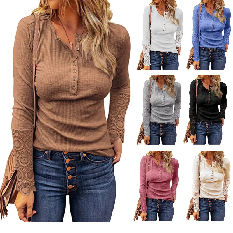 Haute Edition Women's Henley T-Shirt Top with Lace Long Sleeve-- Mesh Blend Leather Blend Suede Blend