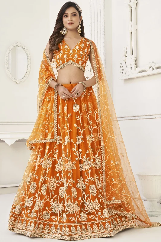 Orange Net Sangeet Wear Embroidered Chaniya Choli With Beautiful Blouse Wrap Front Blouse
