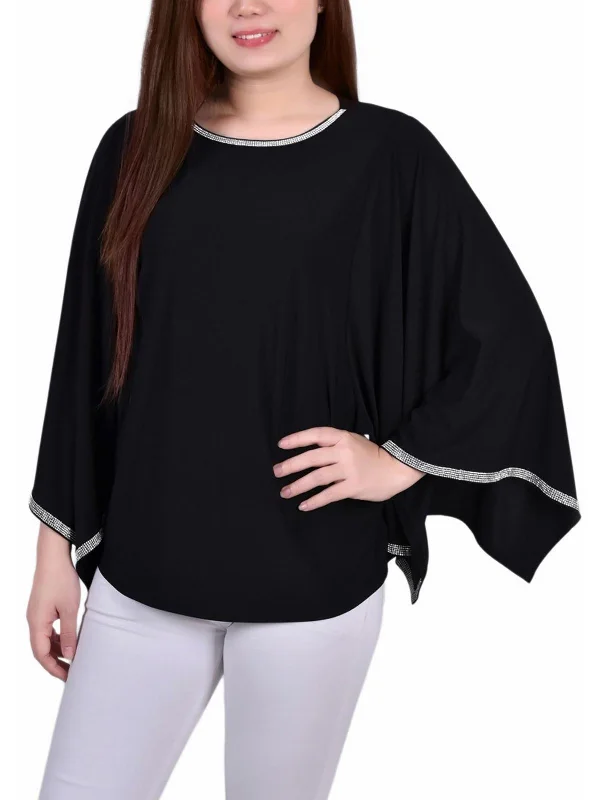 Petites Womens Embellished Batwing/Dolman Sleeve Blouse Lightweight Linen Blouse