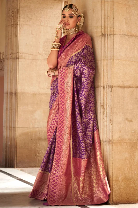 Dazzling Purple Color Art Silk Fabric Weaving Work Function Wear Fancy Saree With Contrast Blouse Stretchy Fitted Blouse