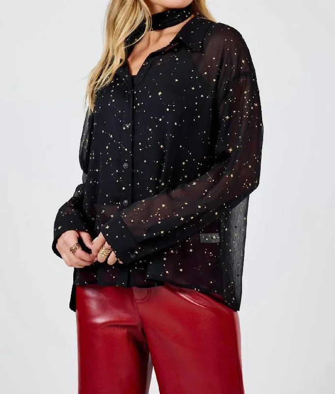 Starry Eyes Blouse With Neck Tie In Black Gold Satin Bow Blouse