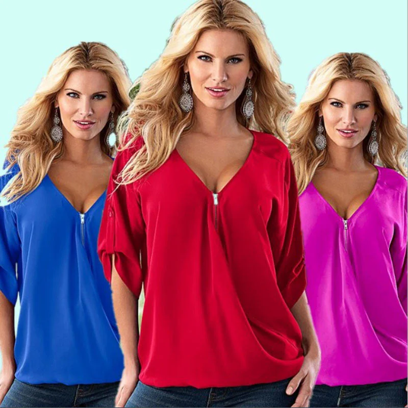 1PC Deep V-Neck Women Blouses Chiffon Blouse Women Tops Plus Size 13 Colors 8 sizes ZZ3497 Puff Sleeve Blouse