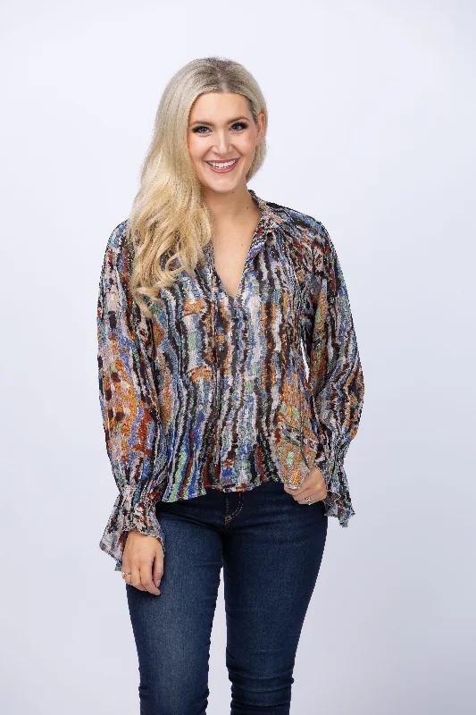 Maria Cher Cardozo Klimt Blouse in Green Confetti Elegant Semi-Sheer Blouse