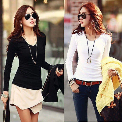 Women Basic Plain Round Crew Neck Tee Shirts Stretch Long Sleeve Top T-Shirts-- Machine Wash Dry Clean Hand Wash