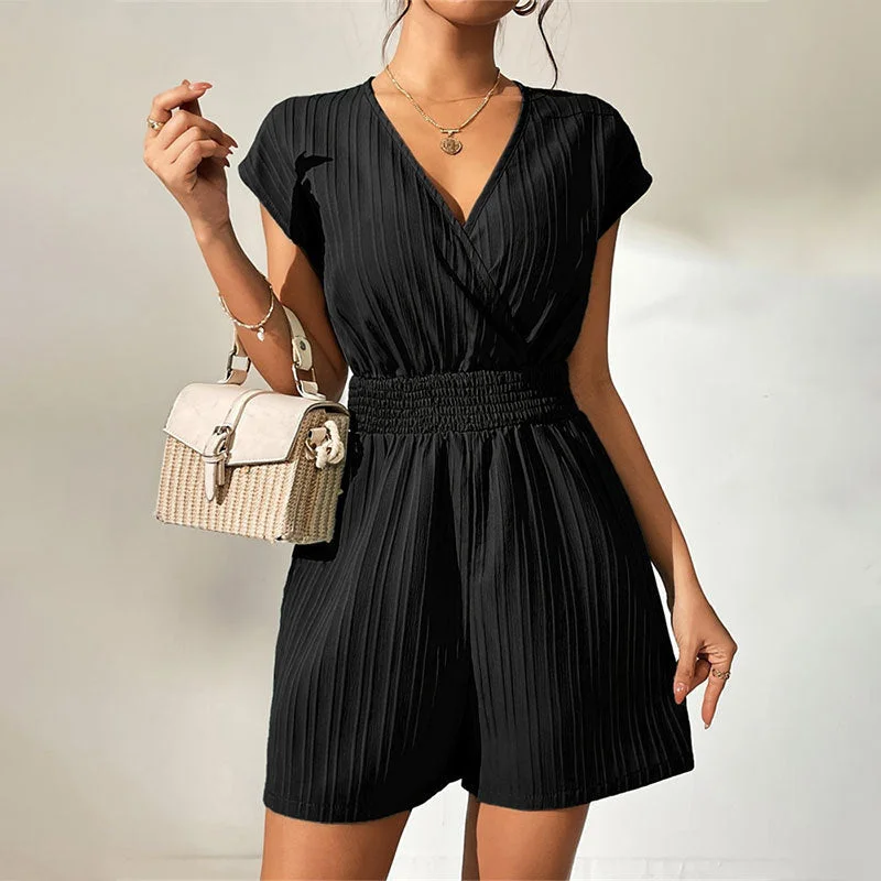 Solid Color Jacquard Striped Blouse Cross Collar Jumpsuit Loose Oversized Blouse