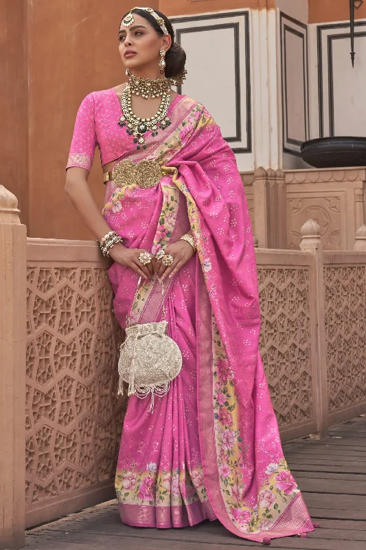 Attractive Printed Pink Color Art Silk Fabric Saree With Same Color Blouse Off-Shoulder Wrap Blouse
