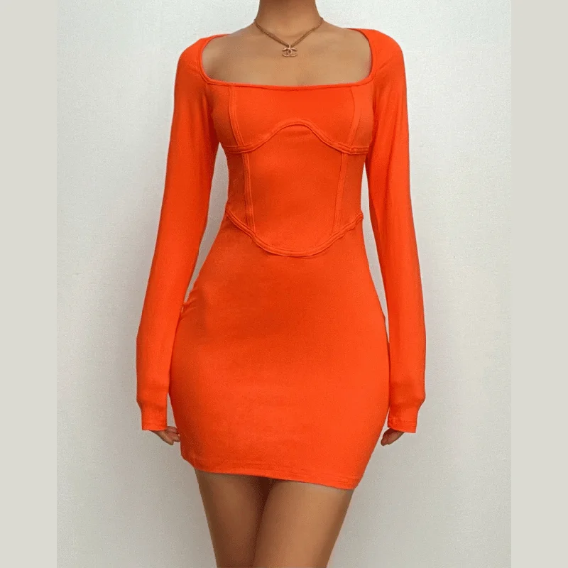 BerryBetty - Square neck long sleeve solid corset mini dress Trendy Lace Mini Dress