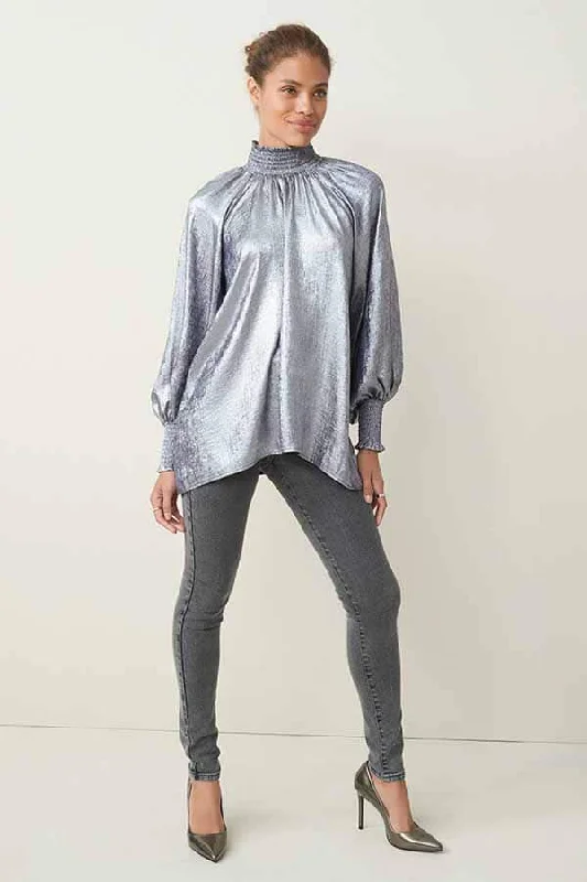 Shirred Neck Metallic Longsleeve Blouse Versatile Layering Blouse