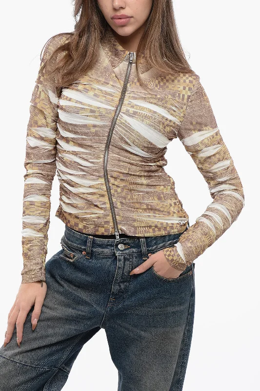 Diesel Printed C-Adonis Blouse With Frontal Zip Closure Polished Work Blouse